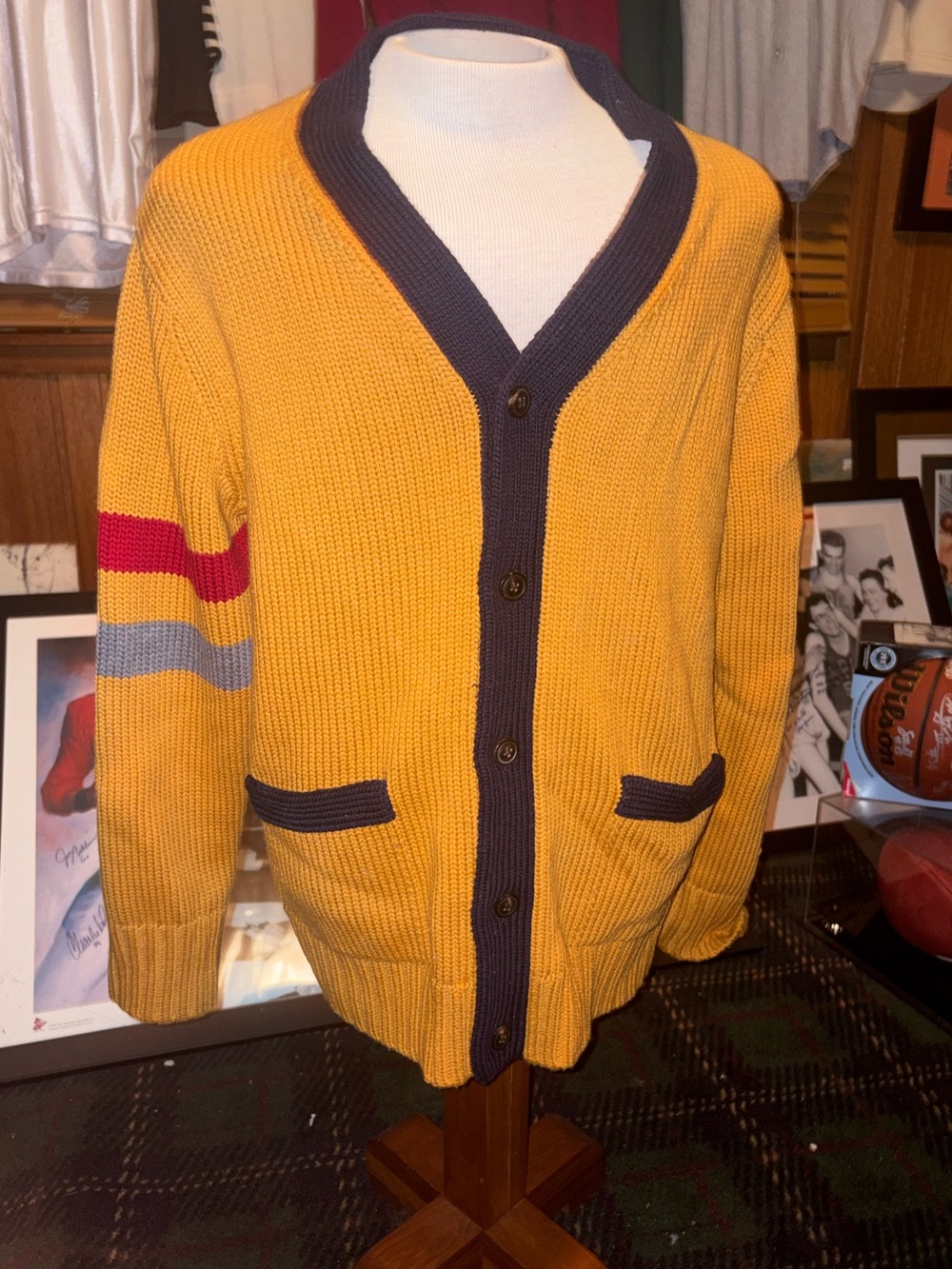 Mustard Yellow Knit Cardigan with Navy Trim with red and grey stripe on sleeve